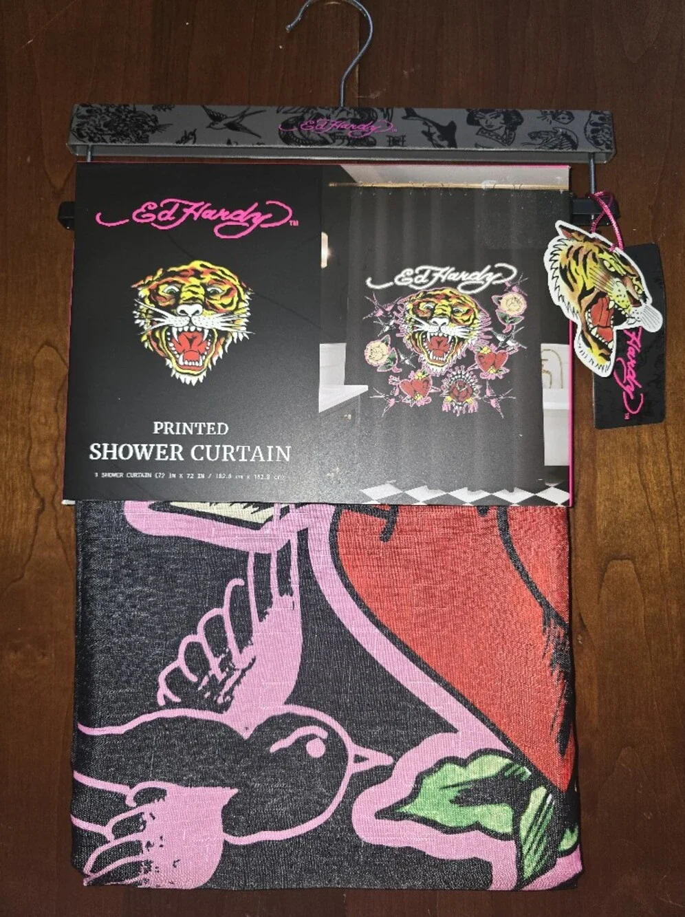Ed Hardy Black Shower Curtain with Pink, Red and Green Tiger 🐯 Graphic, NWT!